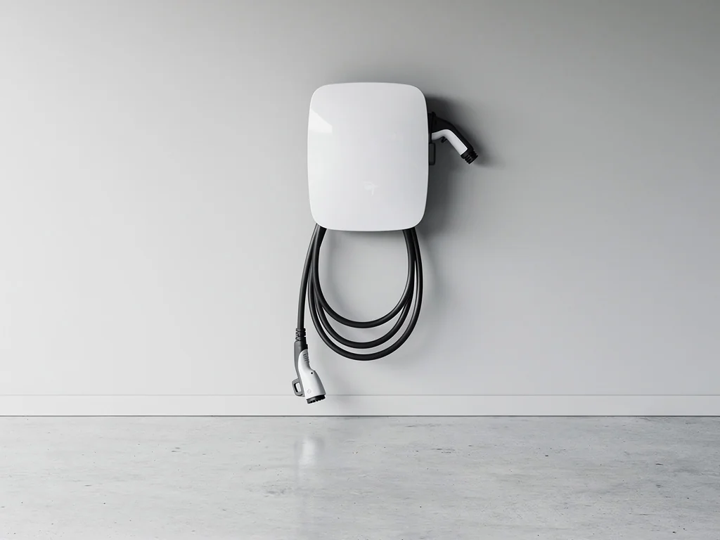 Wallbox blanche fixée au mur d'un garage, câble enroulé sur le support