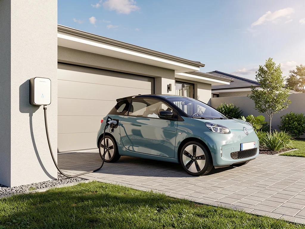 Citadine électrique branchée à une borne de recharge dans une allée de maison