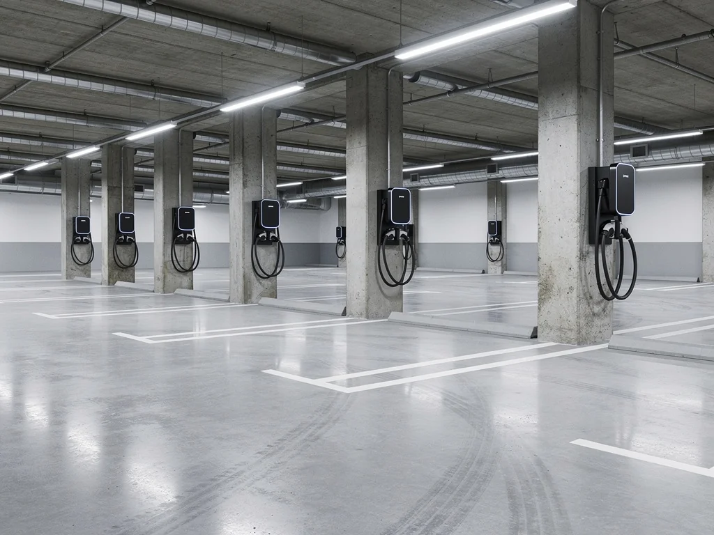 Colonne de recharge desservant plusieurs places dans un parking de copropriété